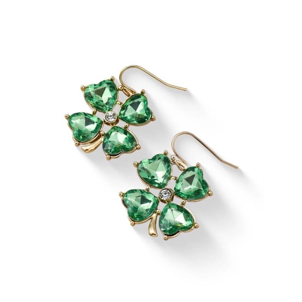 New St Patrick’s Day Green Crystal Clover Drop Earrings - Gold Tone